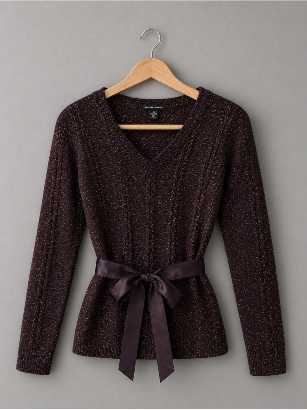 New York & Company Metallic Knit Sweater XS Plum  Tie Waist Peplum V Neck